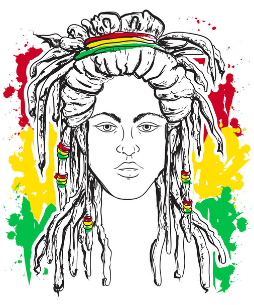 Πορτραίτο του rastaman. Θέμα της Τζαμάικα. Προμελέτη reggae. Τέχνη τατουάζ. Χέρι που grunge στυλ art. Ρετρό banner, κάρτα, t-shirt, αφίσα εκτύπωση,. Εκλεκτής ποιότητας πολύχρωμο χέρι διανυσματικά εικονογράφηση - Διάνυσμα, εικόνα