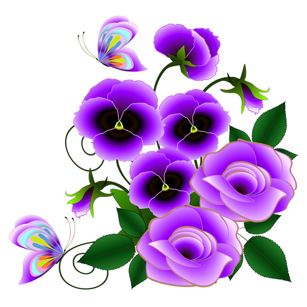 Roses and pansies with butterflies. - Vetor, Imagem