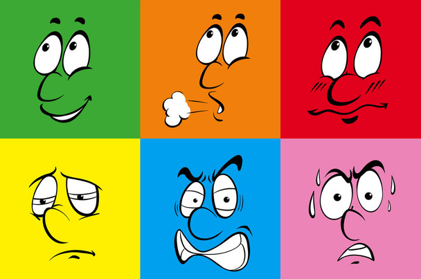 Hat különböző érzelmek színes háttérrel - Vektor, kép