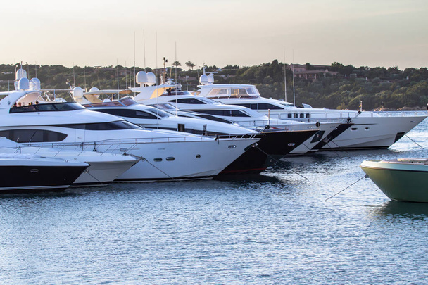 Luksusowy, bogaty jachty zacumowane w porcie Porto Cervo - Zdjęcie, obraz