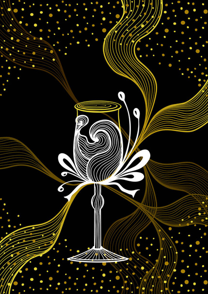 Prachtige abstracte wijnglas met lace bloem buigt goud wit op zwart - Vector, afbeelding