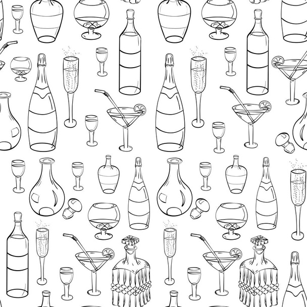 Hand-Drawn Black Glasses, Bottles and Glass Decanters. Seamless Background. Sketch Drawing Glasses isolated on White. - Διάνυσμα, εικόνα