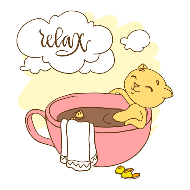 Cute kitten in big cup taking a bath. Inscription: relax - Vector, afbeelding