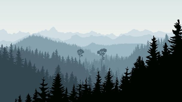 Horizontal illustration of morning mist in forest hills. - Vector, Image