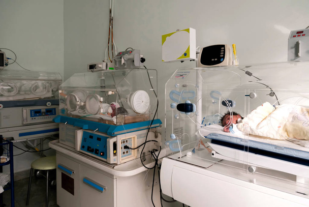 Newborn innocent baby sleeping in an incubator  - Photo, Image