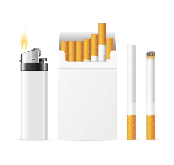 Realistic Template Blank White Cigarette Pack with Pocket Lighter. Vector - Вектор, зображення
