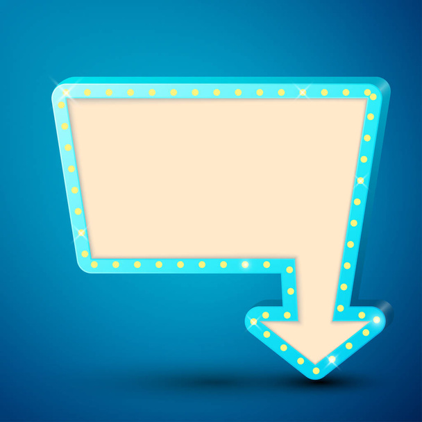 Retro-Werbetafel mit leuchtenden Lampen und Pfeil auf blauem Hintergrund. Businessbanner, Werbeplakat für Einkäufe, helles Schild. Vektorillustration - Vektor, Bild