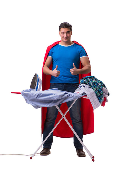 Super hero man husband ironing isolated on white - Foto, Imagem