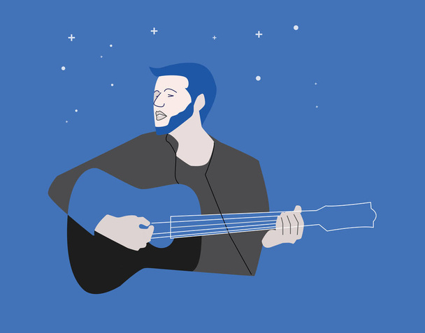 Romantický kytarista ilustrace na modrém pozadí noční oblohy. Obrázek stylu čáry - Vektor, obrázek