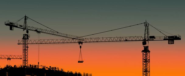 Turmdrehkräne und Bausilhouette mit Arbeitern bei Sonnenuntergang. - Foto, Bild