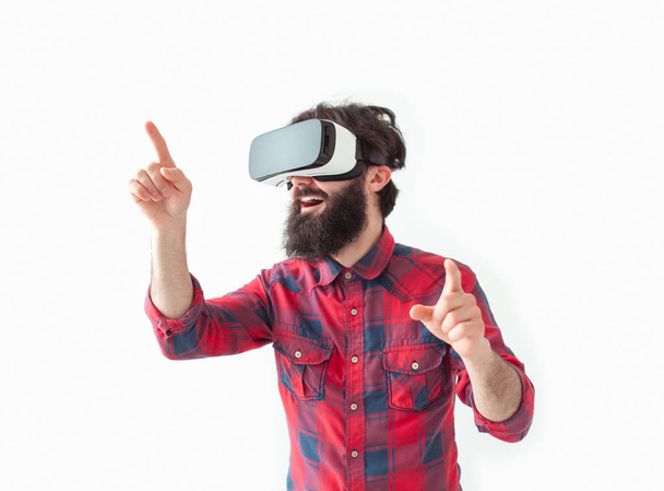 man wearing VR touching air. - Fotó, kép