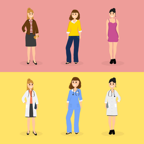 Жінки молоді лікарі і ті ж жінки в повсякденному житті
 - Вектор, зображення