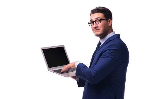 Бізнесмен з ноутбуком ізольовано на білому
 - Фото, зображення