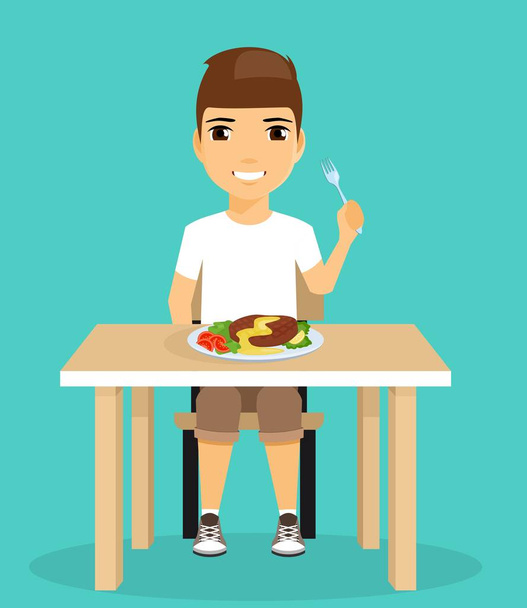 Маленький мальчик ест сидя за обеденным столом
. - Вектор,изображение