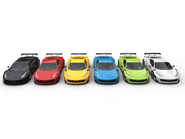 Fila de coloridos super coches - vista frontal superior
 - Foto, imagen