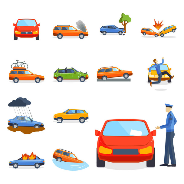 Auto crash botsing verkeer verzekering veiligheid auto noodhulp ramp en nood ramp snelheid reparatie vervoer vectorillustratie. - Vector, afbeelding