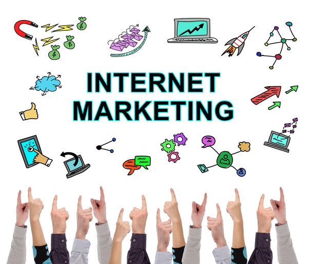 Internet marketingconcept gewezen door verschillende vingers - Foto, afbeelding
