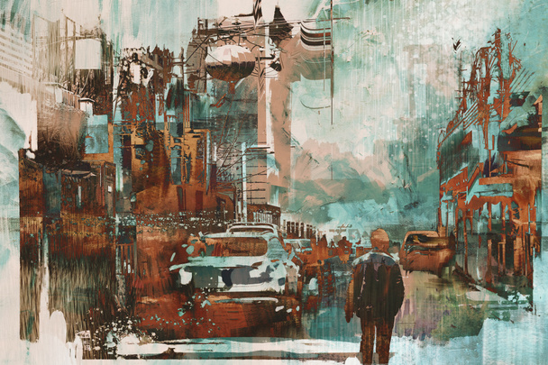 man lopen in de stad straat met abstracte schilderkunst textuur - Foto, afbeelding