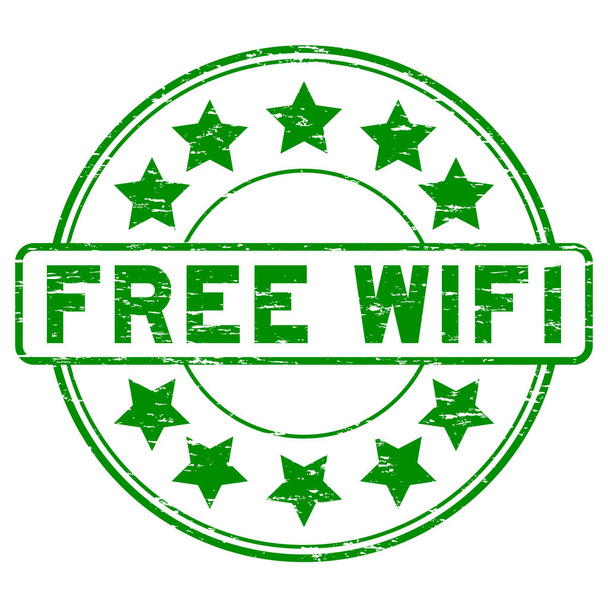 Grunge Green Free Wifi mit Signal-Symbol runden Gummidichtungsstempel - Vektor, Bild