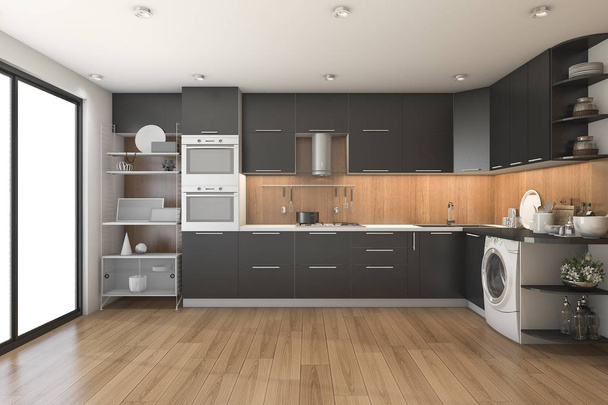 3d renderizado loft moderna cocina negra con decoración de madera
 - Foto, Imagen