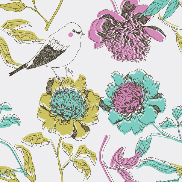 Peony flowers with bird. seamless pattern - Vector, Image