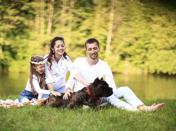 happy family with pet dog at picnic in a Sunny summer day. pregn - Photo, Image