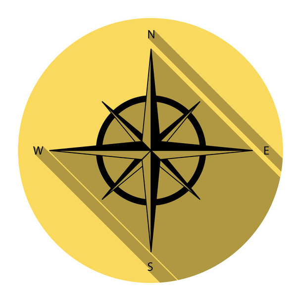 Signe rose des vents. Vecteur. Icône noire plate avec ombre plate sur cercle jaune royal avec fond blanc. Isolé
. - Vecteur, image