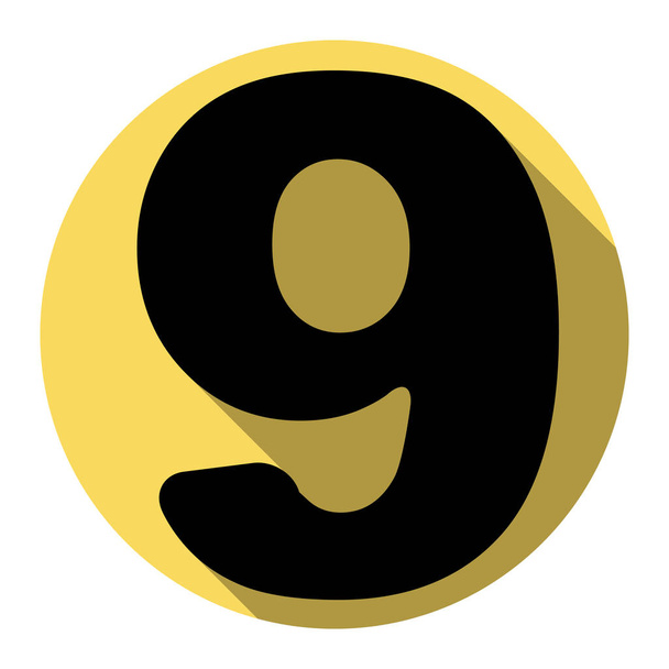 9 番サインはデザイン テンプレートの要素です。ベクトル。白い背景を持つロイヤルの黄色い円のフラットの影とフラット ブラックのアイコン。分離されました。. - ベクター画像