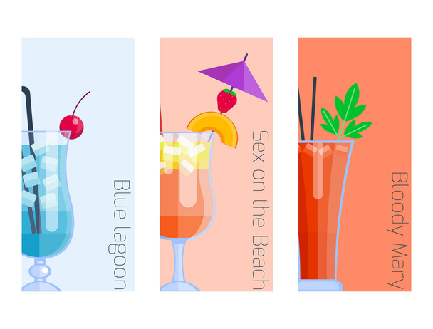 Set of alcoholic cocktails isolated fruit cold drinks tropical cosmopolitan freshness collection and party alcohol sweet tequila vector illustration. - Vektor, obrázek