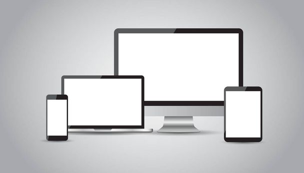 Realistic device flat Icons: smartphone, tablet, laptop and desktop computer. Vector illustration - Vector, Image