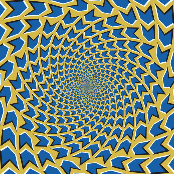 optische Bewegungsillusion Vektor Hintergrund. blaue Pfeile laufen kreisförmig aus der Mitte auf gelbem Hintergrund zusammen. - Vektor, Bild