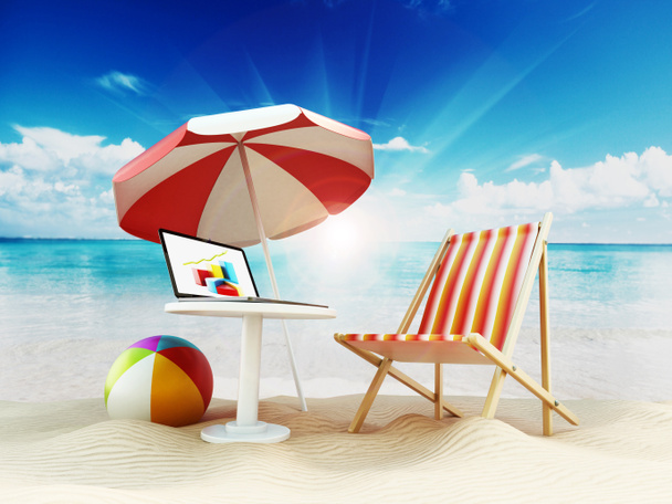 Beach umbrella, sunbed, ball and laptop by the seashore. 3D illustration - Фото, изображение