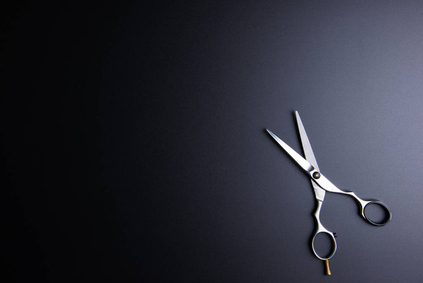 Стильные профессиональные парикмахерские ножницы, стрижка волос на черной спине
 - Фото, изображение