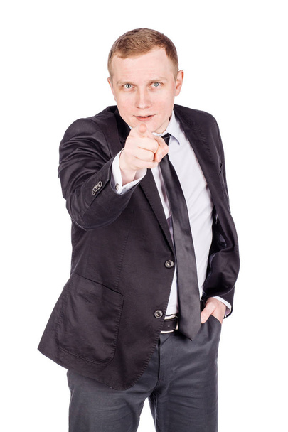 Portrait adult businessman  looking and pointing finger  gesture . happiness, gesture, emotions and people concept. Image on white  studio background. - Foto, immagini