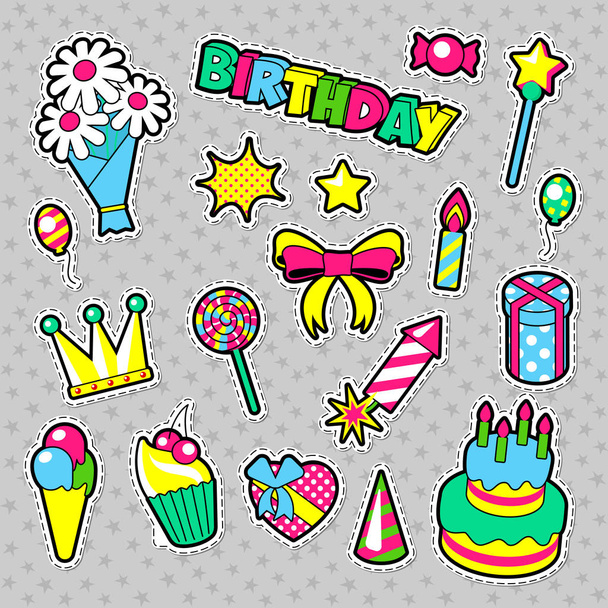 Μόδα εμβλήματα, Patches, αυτοκόλλητα θέμα γενεθλίων. Happy Birthday Party στοιχεία σε κόμικ στυλ με κέικ, μπαλόνια και δώρα. Εικονογράφηση διάνυσμα - Διάνυσμα, εικόνα