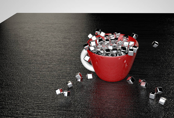 Los cubos brillantes del metal llenan la taza roja
 - Foto, Imagen