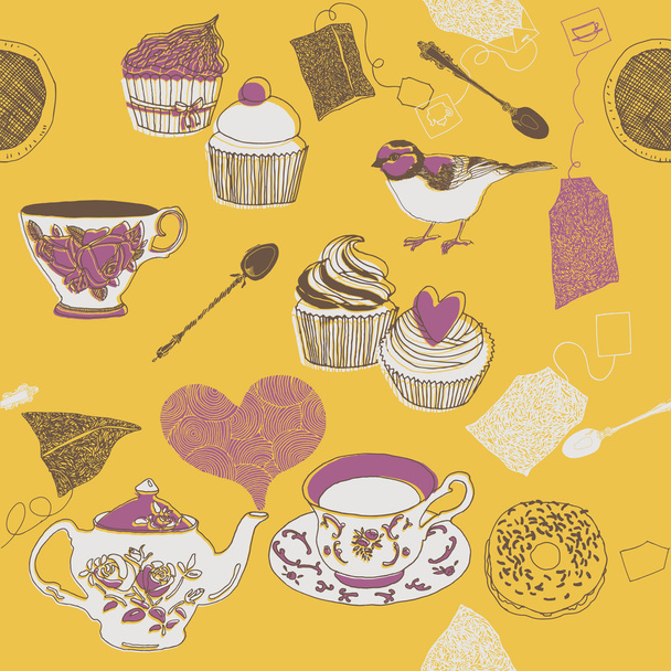 Tea and sweets - Vector, Image