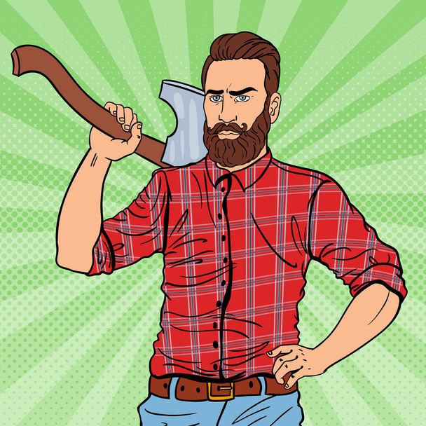Brutal Hipster Lumberjack with Beard and Axe. Woodcutter Worker. Pop Art vintage vector illustration - Vector, Image