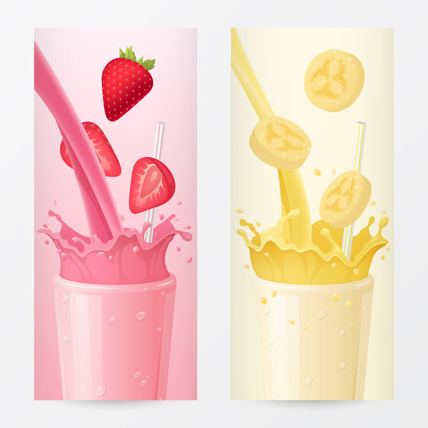 Молочний коктейль фрукти вертикальні банери з полуниці і банани. Здорове харчування. Векторні ілюстрації - Вектор, зображення