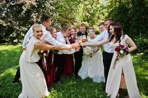 Ζευγάρι γάμος κομψότητα με παράνυφοι και καλύτερο επανδρώνει το πόσιμο  - Φωτογραφία, εικόνα