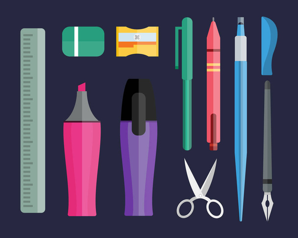 Paint and writing tools collection flat style colored stationery equipment drawing and education artist cartoon sketching vector illustration. - Vector, Image