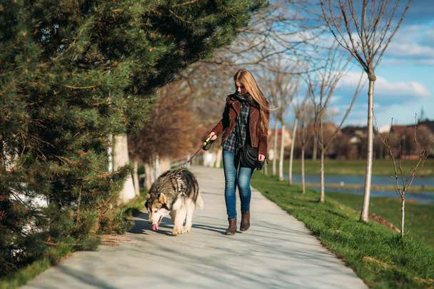Dziewczyna spaceru z psem wzdłuż nasypu. Piękny pies Husky. Rzeki. Wiosna. - Zdjęcie, obraz
