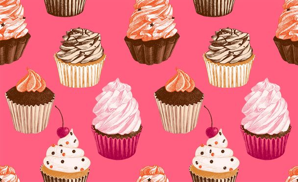 Seamless pattern with hand drawn cupcakes - Vector, imagen