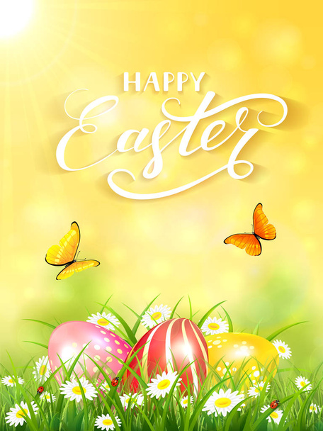 Yellow background with butterflies and three Easter eggs in gras - Vetor, Imagem