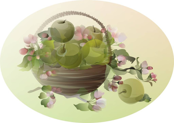 Bodegón con manzanas verdes y flores en una canasta
 - Vector, imagen