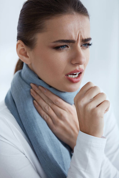 Woman Caught A Cold. Beautiful Female With Cough And Sore Throat - Φωτογραφία, εικόνα