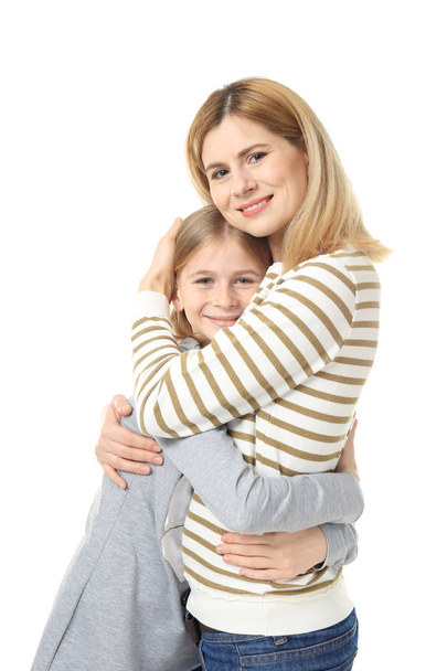 Happy mother and daughter on white background - Фото, изображение