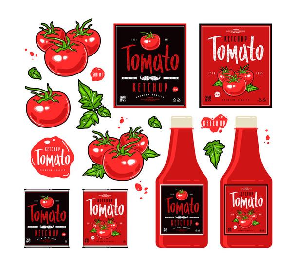 Şablon için bir etiket domates ketçap kırmızı ayarla - Vektör, Görsel