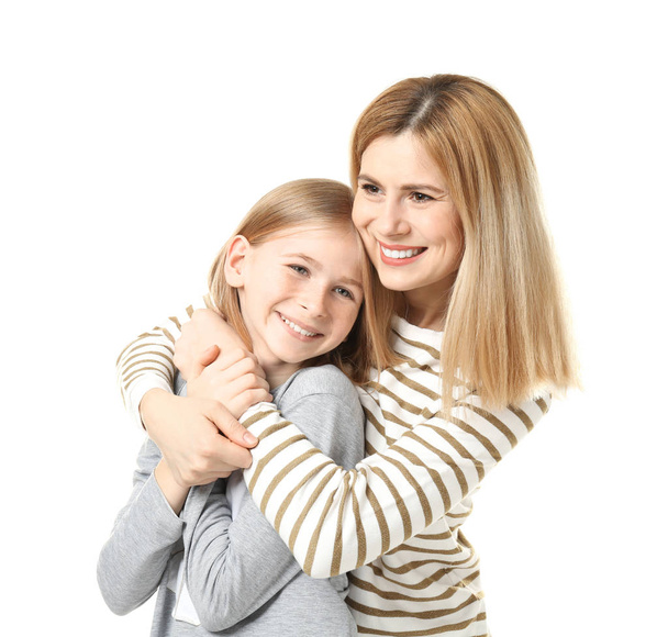 Happy mother and daughter on white background - Valokuva, kuva