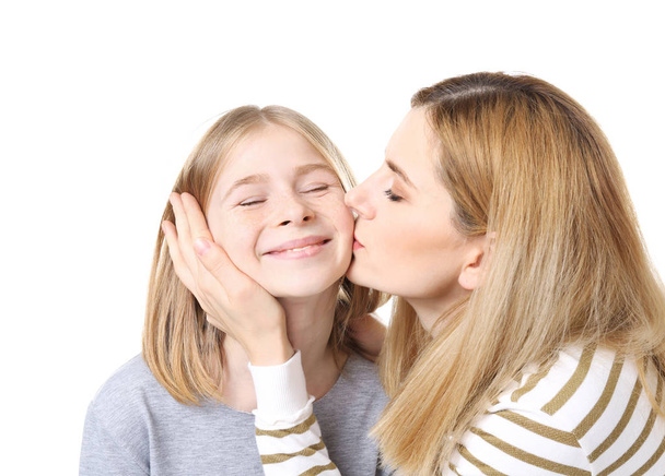 Happy mother and daughter on white background - Fotoğraf, Görsel